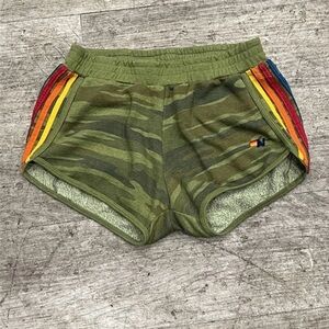 Aviator Nation Camouflage Shorts with Rainbow stripe jogger shorts